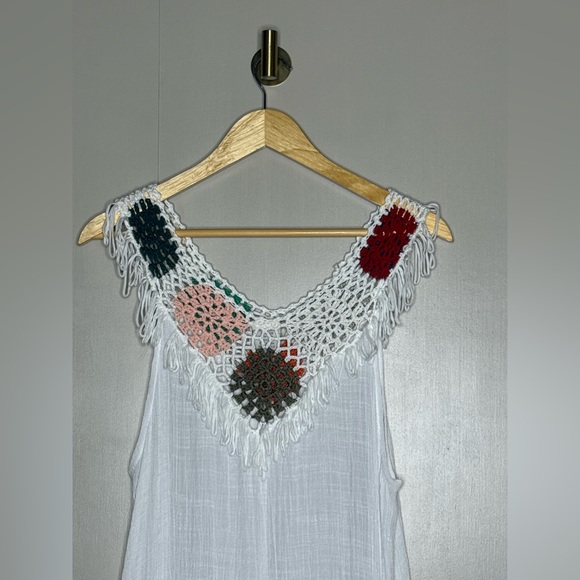 Boho Crochet Trim Sheer Swim Cover Up Dress Fringe Granny Square OS - Picture 3 of 9